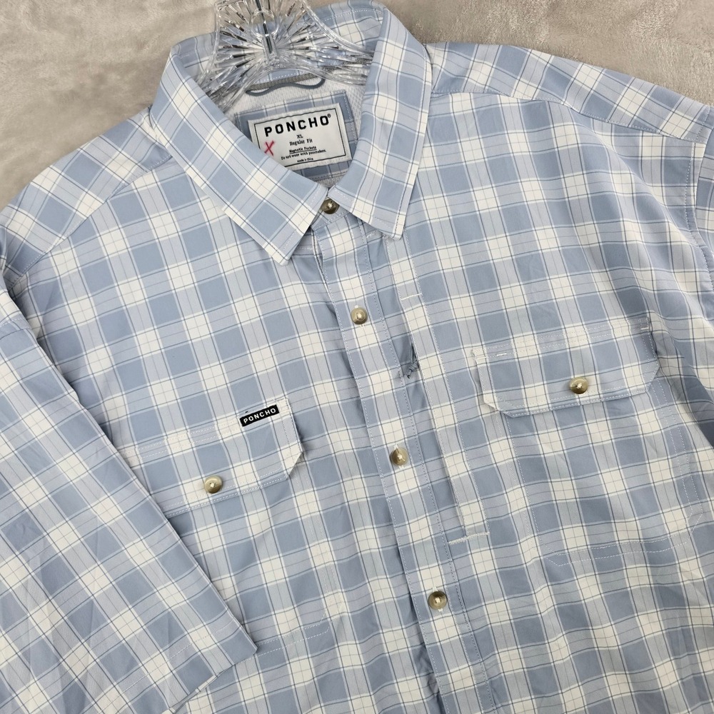 Poncho Fishing Shirt Mens XL Blue Plaid Short Sleeve Magnetic Pockets Regular